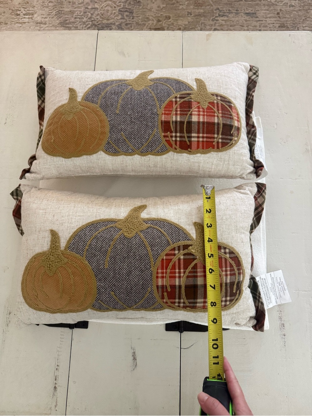 Kirklands Fall Pumpkin Appliqué Pillow - Cream, Orange, Plaid, Blue